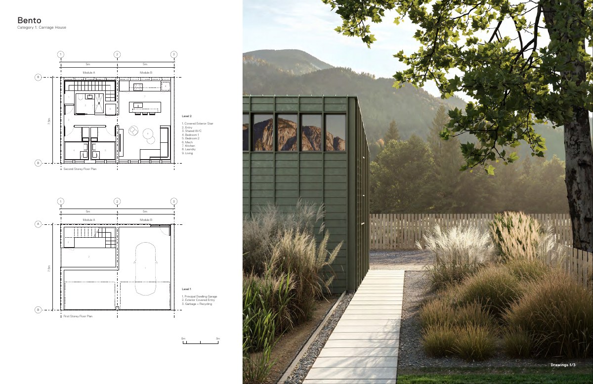 Bento carriage-house floor plans published by the District of Squamish, alongside a conceptual architectural rendering