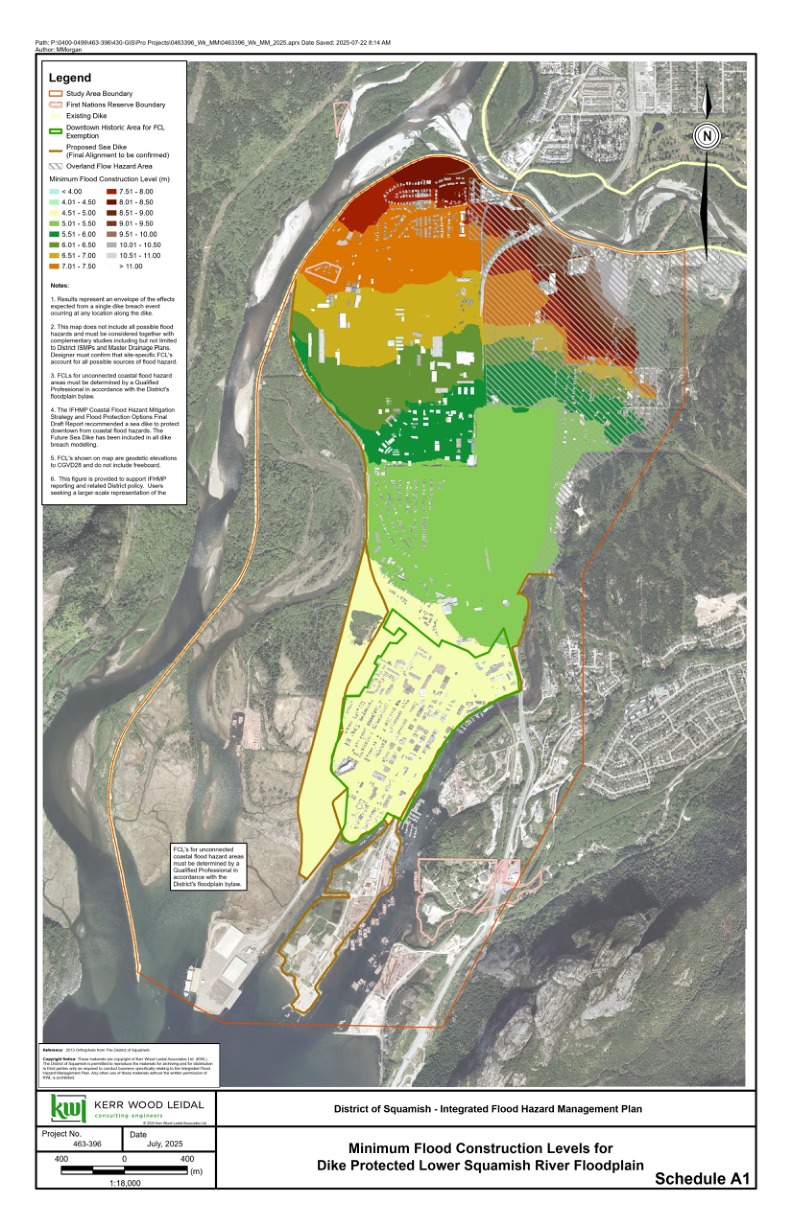 District of Squamish lower-river flood construction level map, Schedule A1 with legend and source notes
